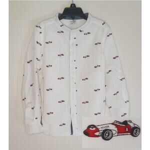 Max Boys white Button Up Band Collar Racecar Shirt boys 7-8
